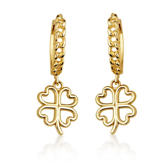 10K Yellow Gold 4 Leaf Clover Lucky Flower Cuban Link Huggie Earrings